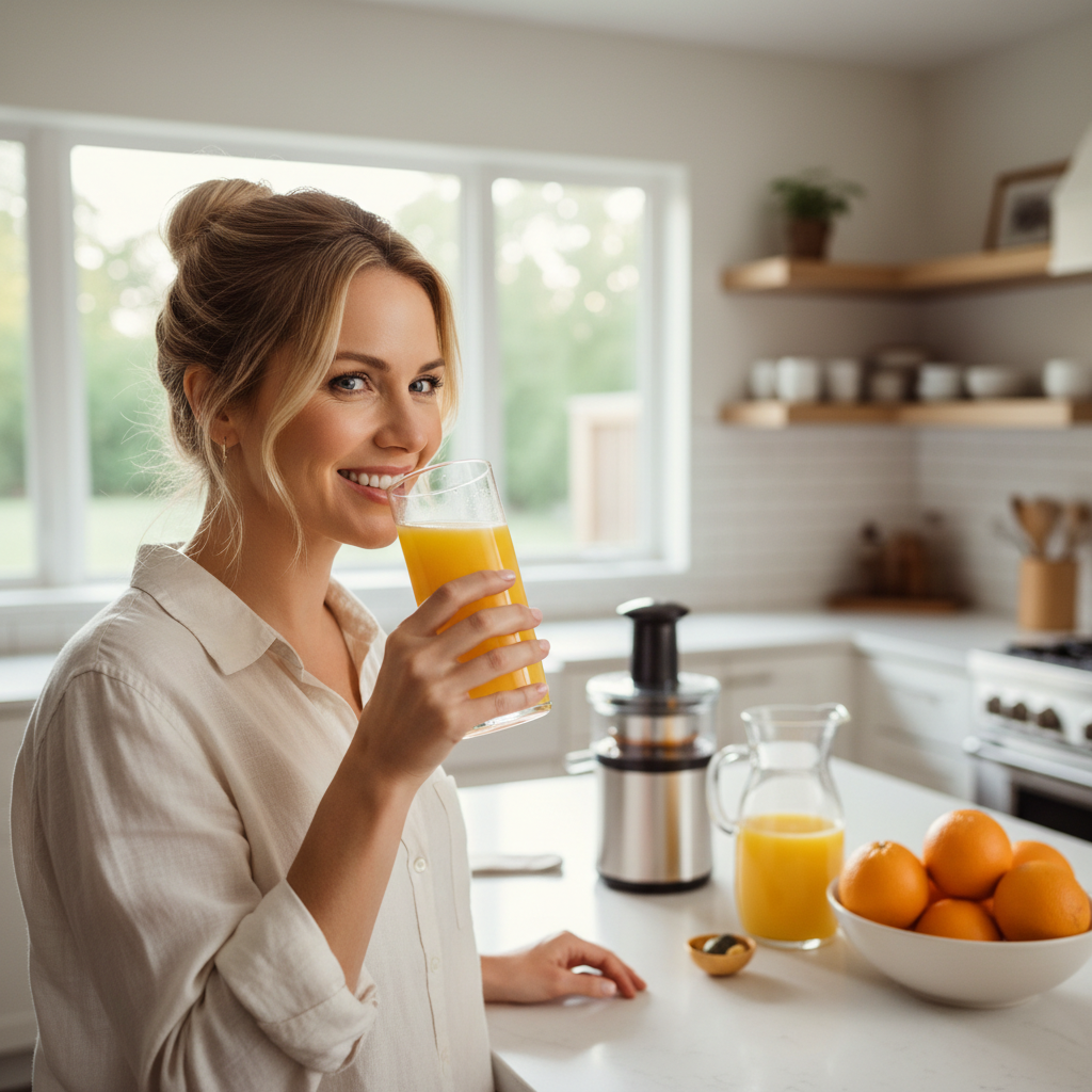 American woman drinking fresh orange juice in a modern USA kitchen